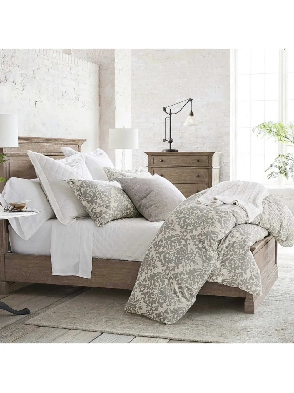 Pottery Barn Jacquard Medallion Cotton Linen Queen Duvet Cover Gray Taupe Scroll